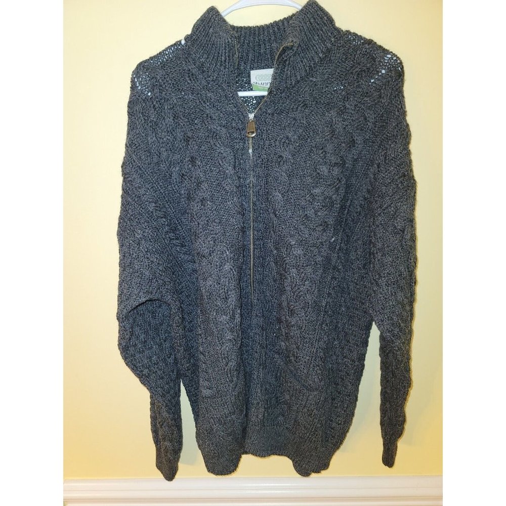 Shannon Woolen Mills Zip Cable Knit Sweater Large Green Ireland Pure New Wool